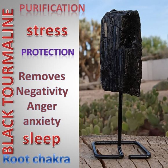 Black TOURMALINE stone on stand healing : protection : root chakra 02